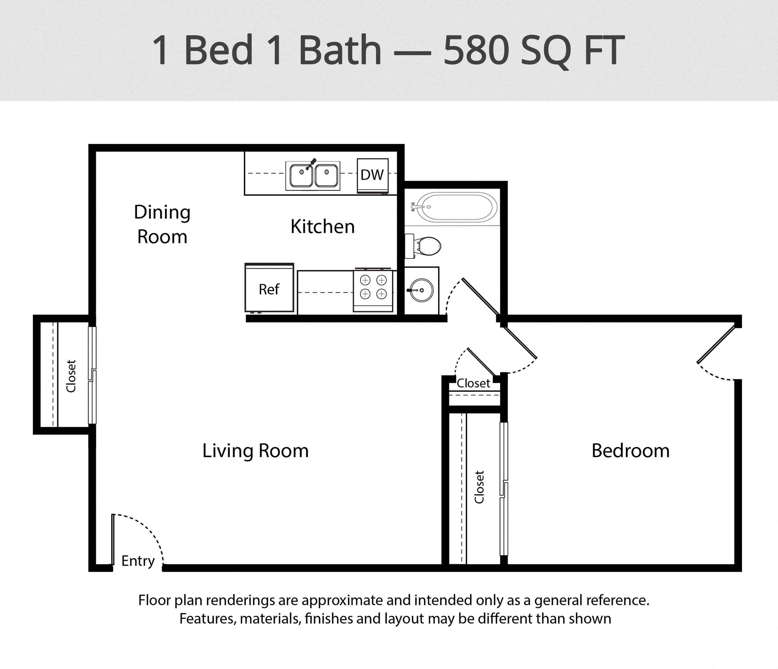 Floor plan for 1 bed, 1 bath, 580 sqft